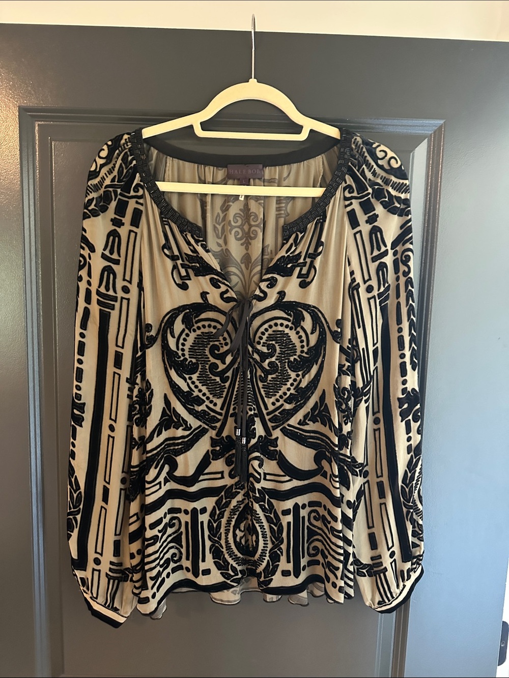 Hale Bob Beige and Black Burnout Velvet Tunic Top